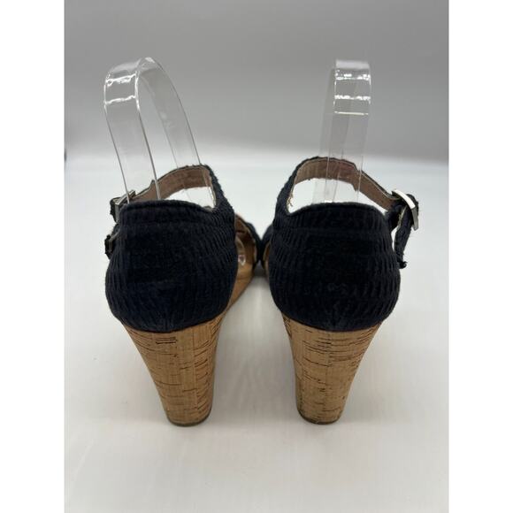 Women's Black Weave/Cork Toms Clarissa Strappy Peep Toe Wedge Sandals Size 10 - Picture 5 of 9